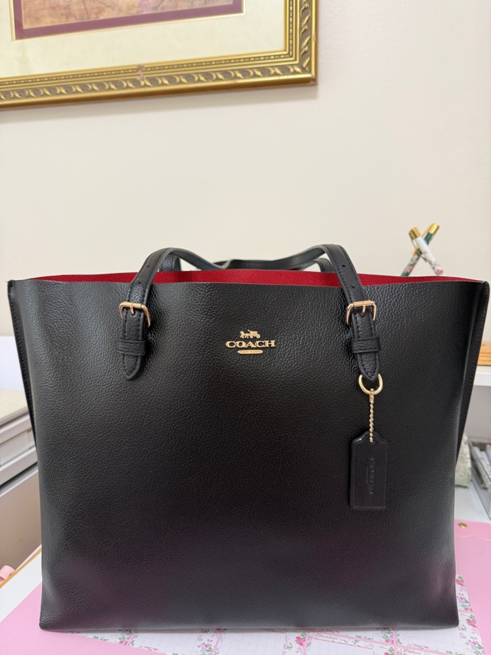 Coach Black Leather Tote with Red Trim and Gold Hardware